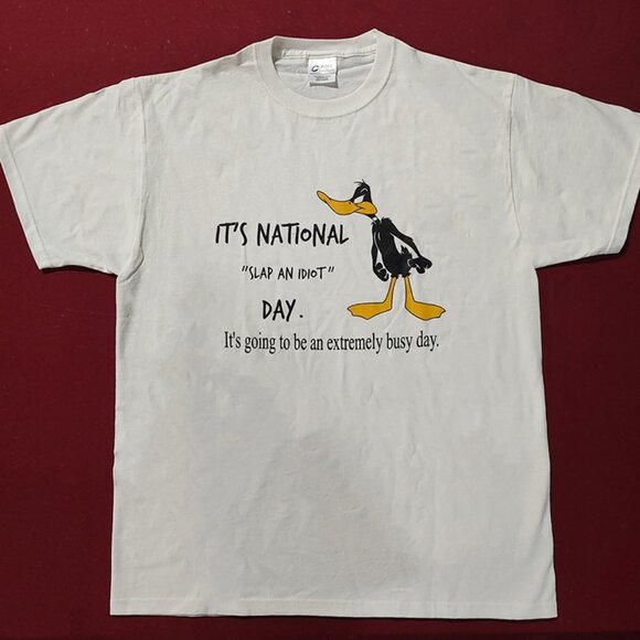 Funny White T-Shirt National Slap An Idiot Day with Duck Humorous Tee Shirt - Picture 1 of 1
